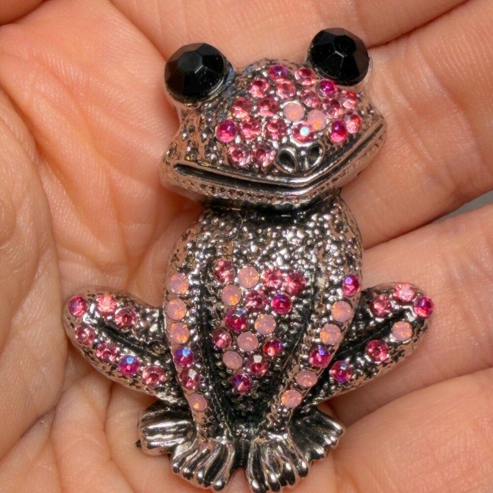Frog Brooch Pink Rhinestone Pin 1.75"